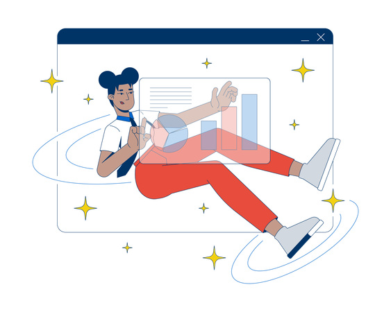 Business woman doing Interactive data analysis in virtual workspace  Illustration