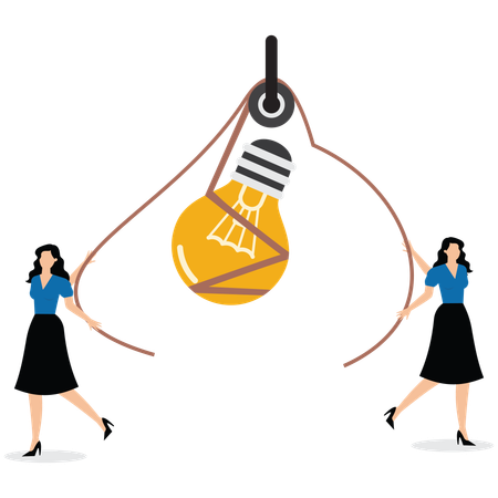 Business woman dragging idea light bulb in opposite directions  Illustration