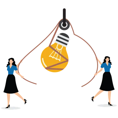 Business woman dragging idea light bulb in opposite directions  Illustration