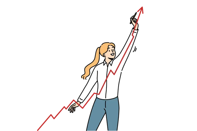 Business Woman Draws Growing Graph Showing Company Profit Growth From Attracting New Customers Girl Financial Analyst Predicts Growth Of Business Indicators Thanks To Quality Management Illustration