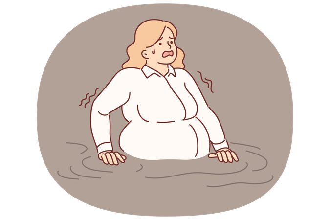 Business woman drowning in water needs help symbolizing overload at work and lack of prospects  Illustration