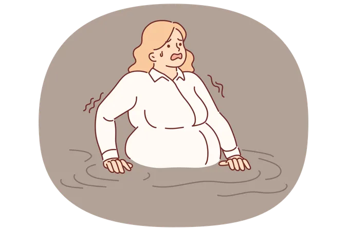 Business woman drowning in water needs help symbolizing overload at work and lack of prospects  Illustration