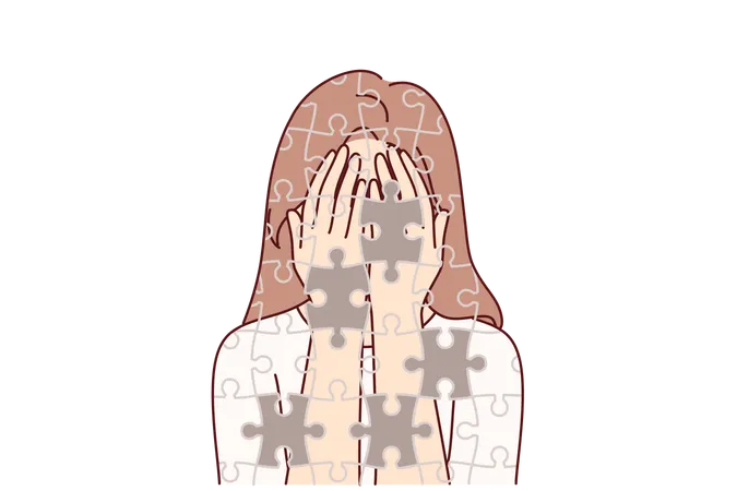 Depressed Girl Suffers From Self Destruction And Personality Destruction Consists Of Mosaic With Void Depressed Woman With Mental Disorder And Psychological Problems Needs Help Of Psychologist Illustration