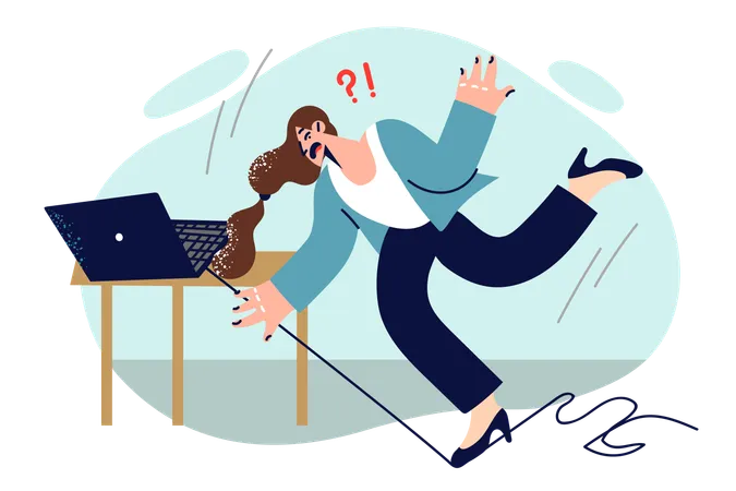 Business Woman Falls In Office After Tripping Over Computer Cable And Risks Injury Due To Safety Issues Girl Office Employee Falls And Drops Laptop For Concept Of Workplace Accident Illustration