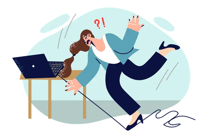 Business woman falls in office after tripping over computer cable  Illustration