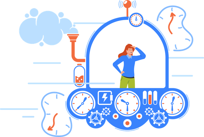 Business Woman Flying In Time Machine Cockpit Looking Ahead  Illustration