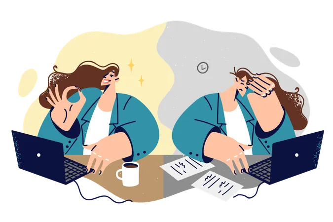 Business Woman Full Of Strength And Energy Sits At Office Table With Documents And Laptop Near Tired Colleague Concept Difference In Productivity Of Motivated And Unmotivated Employee Illustration