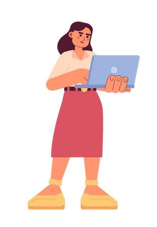 Business Woman Holding Laptop Semi Flat Colorful Vector Character Teacher Woman With Notebook Standing Editable Full Body Person On White Simple Cartoon Spot Illustration For Web Graphic Design Illustration