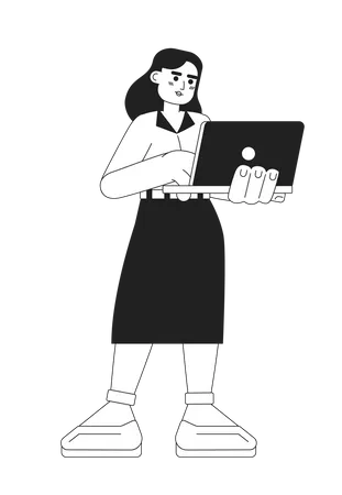 Business Woman Holding Laptop Monochromatic Flat Vector Character Teacher Woman With Notebook Editable Thin Line Full Body Person On White Simple Bw Cartoon Spot Image For Web Graphic Design Illustration