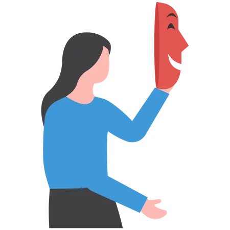 Business Dishonest Or Liar Business Woman Holding A Smiling Mask Illustration