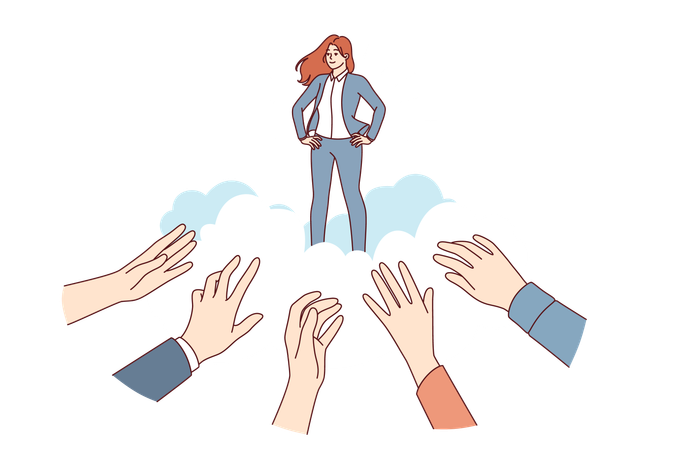 Business woman idol for fans stands among clouds and hands of people who want to receive advice  Illustration