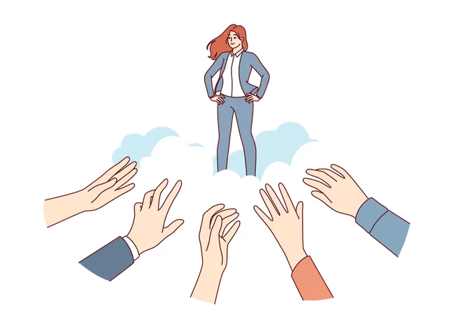 Business woman idol for fans stands among clouds and hands of people who want to receive advice  Illustration