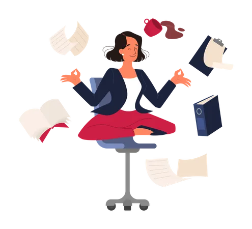Woman In Lotus Pose Employee Meditate Against Stress Deadline Concept Idea Of Many Work And Few Time Flat Vector Illustration Illustration