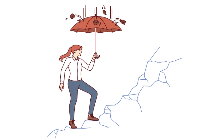 Business woman is climbing cliff using umbrella to protect herself from falling stones  Illustration