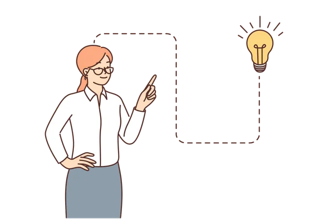 Business Woman Came Up With Idea Points Finger At Light Bulb Suggesting Marketing Plan To Achieve Company Goals Girl Manager Works In Corporation And Talks About Idea To Increase Productivity Illustration