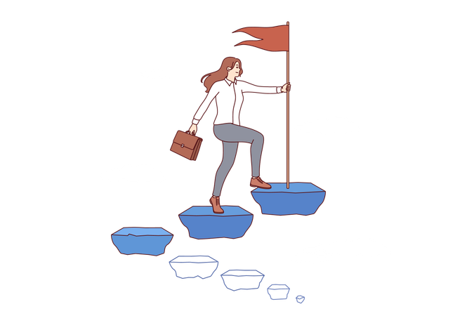 Business woman leader climbs career ladder and plants flag at top demonstrating victory of feminism  Illustration