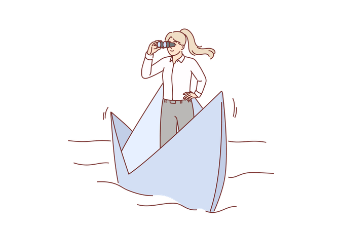 Business woman leader sails on paper boat in river and holds binoculars looking for opportunities  Illustration