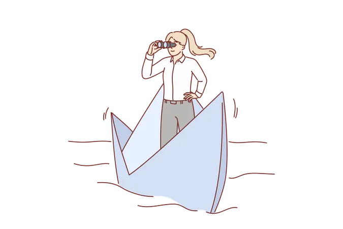 Business woman leader sails on paper boat in river and holds binoculars looking for opportunities  Illustration