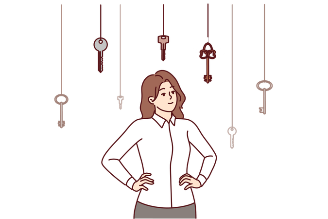 Business woman makes choice from dangling keys symbolizing different ways of solving problems  Illustration