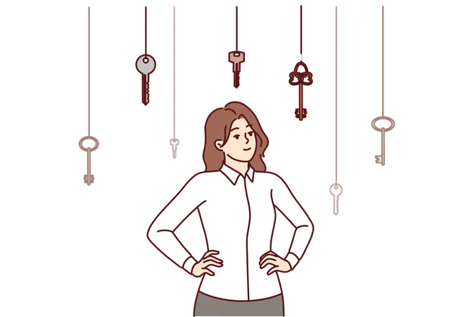 Business woman makes choice from dangling keys symbolizing different ways of solving problems  Illustration