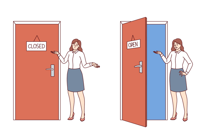 Business woman near office door in open and closed state  Illustration