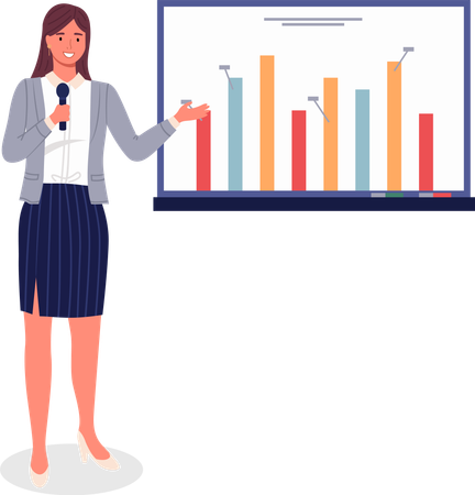 Business woman or manager gives presentation on big screen with analytical data  Illustration