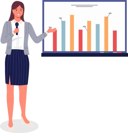 Business woman or manager gives presentation on big screen with analytical data  Illustration