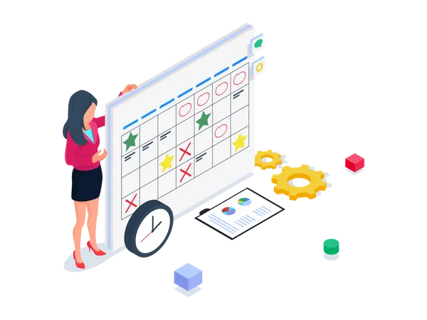 Isometric Business Woman Present Schedule At The Calendar Isometric Business People Illustration
