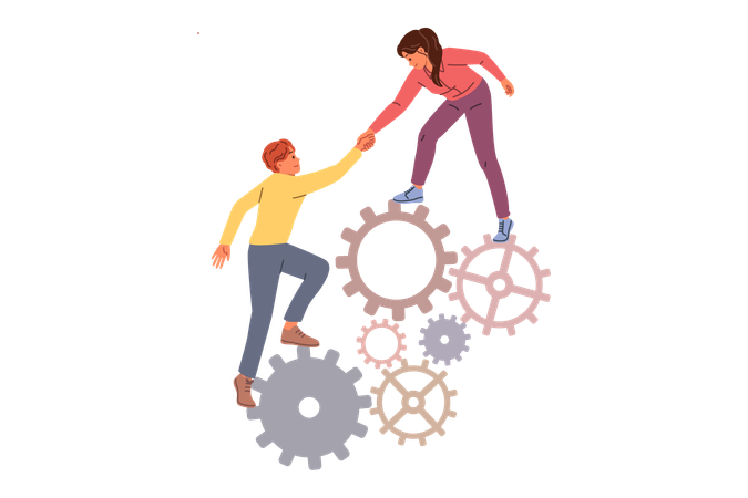 Business woman provides support to weak colleague by helping climb stack of gears  Illustration