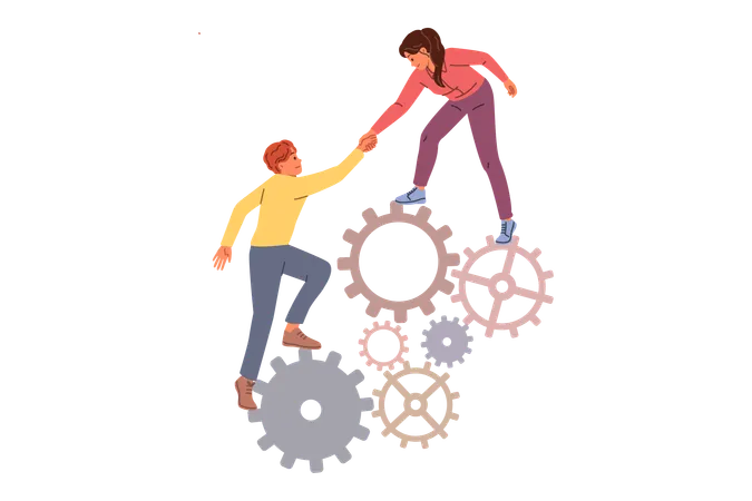 Business Woman Provides Support To Weak Colleague By Helping Climb Stack Of Gears Showing Commitment To Teamwork Guy And Girl From Startup Support Each Other To Achieve Career Success Illustration
