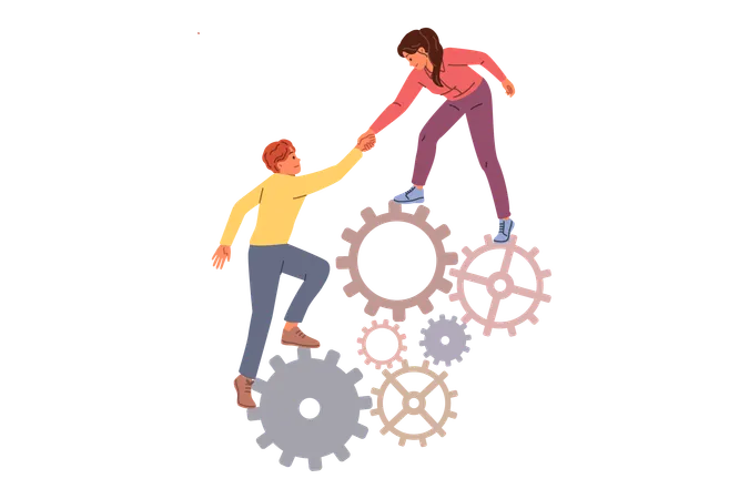 Business woman provides support to weak colleague by helping climb stack of gears  Illustration