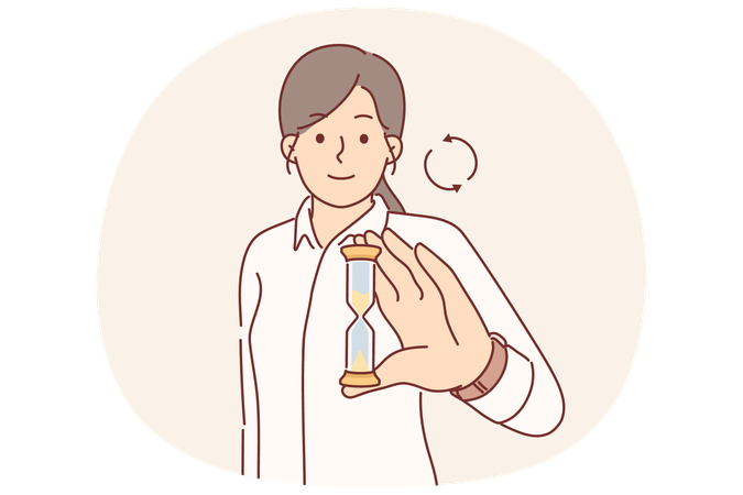 Business woman reminds about deadline by demonstrating hourglass, for concept time management  Illustration