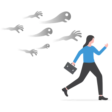 Business Woman Running Away From Ghost Or Creepy Monster Hand Chasing Failure Anxiety Depression Or Panic Attack Afraid Business Failure Concept Vector Illustration