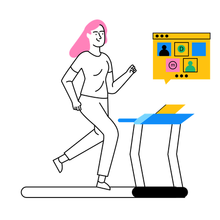 Business woman running on treadmill while attending online meeting  Illustration