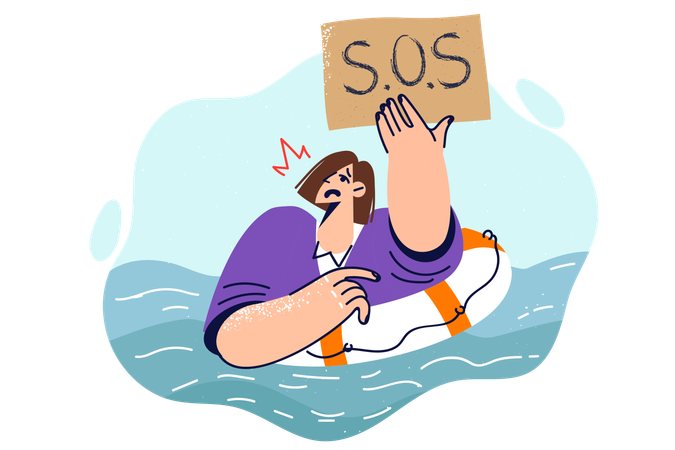 Business woman showing SOS sign swimming in river with lifebuoy  일러스트레이션
