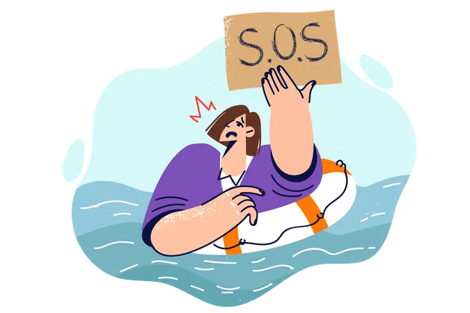 Business woman showing SOS sign swimming in river with lifebuoy  일러스트레이션