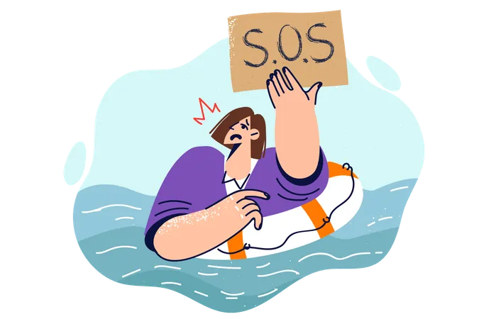 Business woman showing SOS sign swimming in river with lifebuoy  Illustration