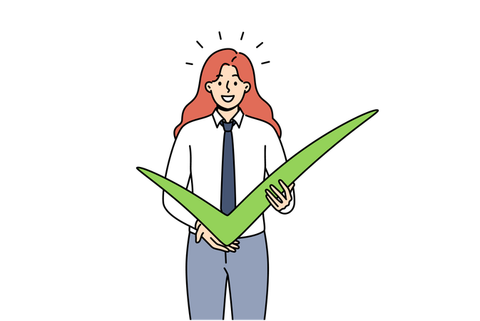 Business woman shows check mark as sign confirmation of plans for completion project  イラスト