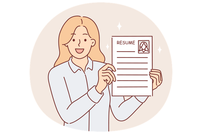 Business woman shows resume describing work skills, wanting to find new job thanks to quality CV  Illustration