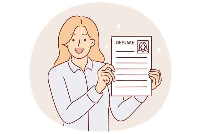 Business woman shows resume describing work skills, wanting to find new job thanks to quality CV  Illustration