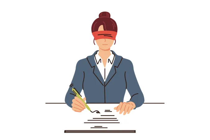 Business Woman Signs Contract Without Looking Out Of Complete Trust In Partner Sitting In Office Blindfolded Blind Submission Of Nda Contract Is Caused By Importance Of Avoiding Information Leakage Illustration