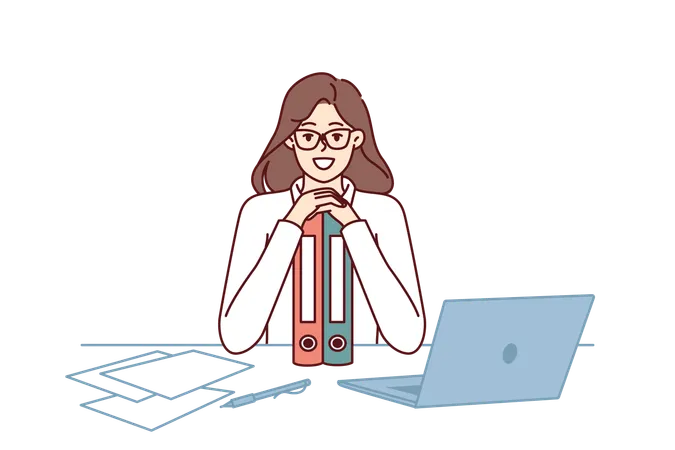 Business woman sits at table leaning on folders and smiling enjoining at success in career as clerk  Illustration