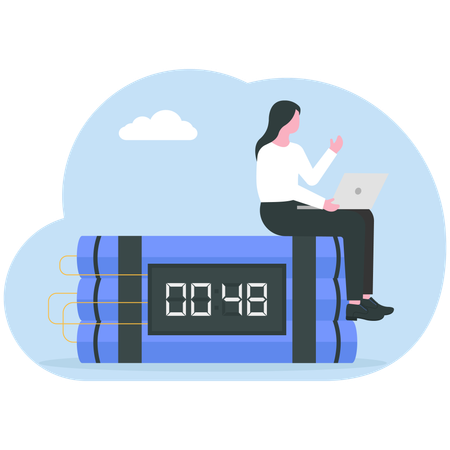 Business woman sitting on Time Bomb with Laptop  Illustration