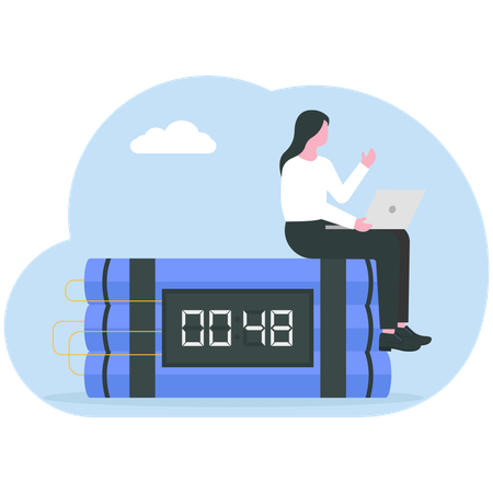 Business woman sitting on Time Bomb with Laptop  Illustration