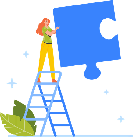 Business woman standing on Ladder with Huge Puzzle Piece in Hand  Illustration