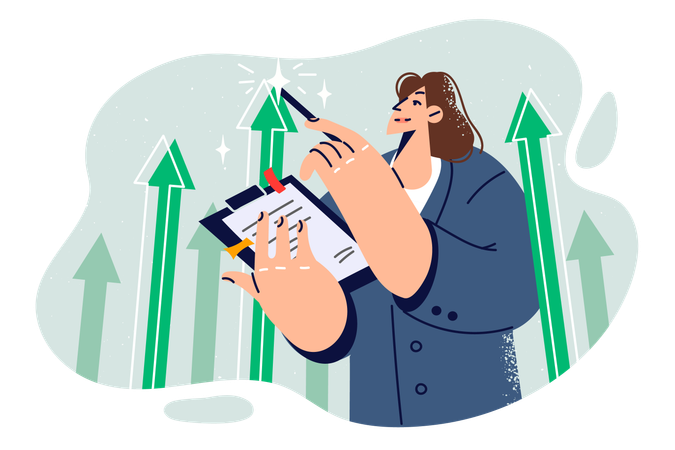 Business woman stands among up arrows symbolizing growth of company income and holds clipboard  Illustration