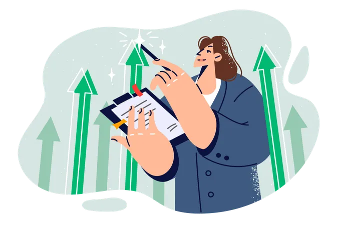 Business Woman Stands Among Up Arrows Symbolizing Growth Of Company Income And Holds Clipboard With Pen Successful Businesswoman Conducts Audit Of Business Indicators To Draw Up Financial Report Illustration