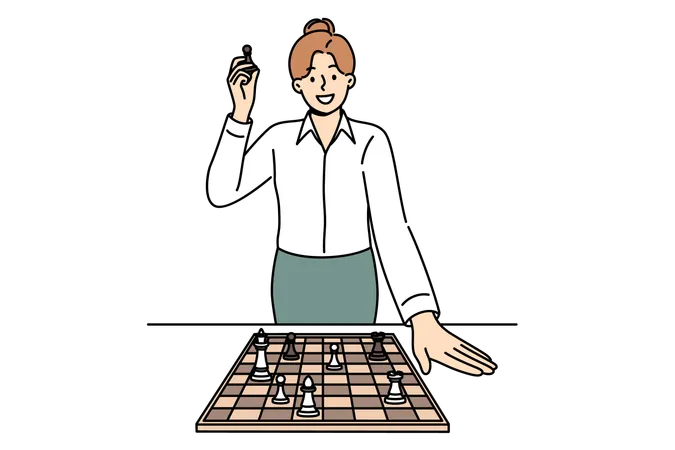 Business Woman Stands Near Chessboard Talking About Importance Of Strategic Planning And Personnel Skills Chess Pawn In Hands Of Strategically Thinking Businesslady Planning Development Of Company Illustration