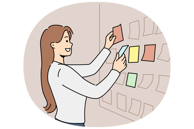 Business woman stands near scrum board with stickers and is engaged in task planning  Illustration