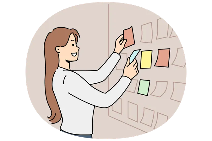 Business woman stands near scrum board with stickers and is engaged in task planning  Illustration